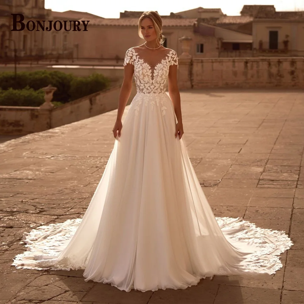 BONJOURY Graceful Wedding Dresses for Women with O-neck A-line Appliques Cap Sleeves Vestidos De Novia Brautmode Customized