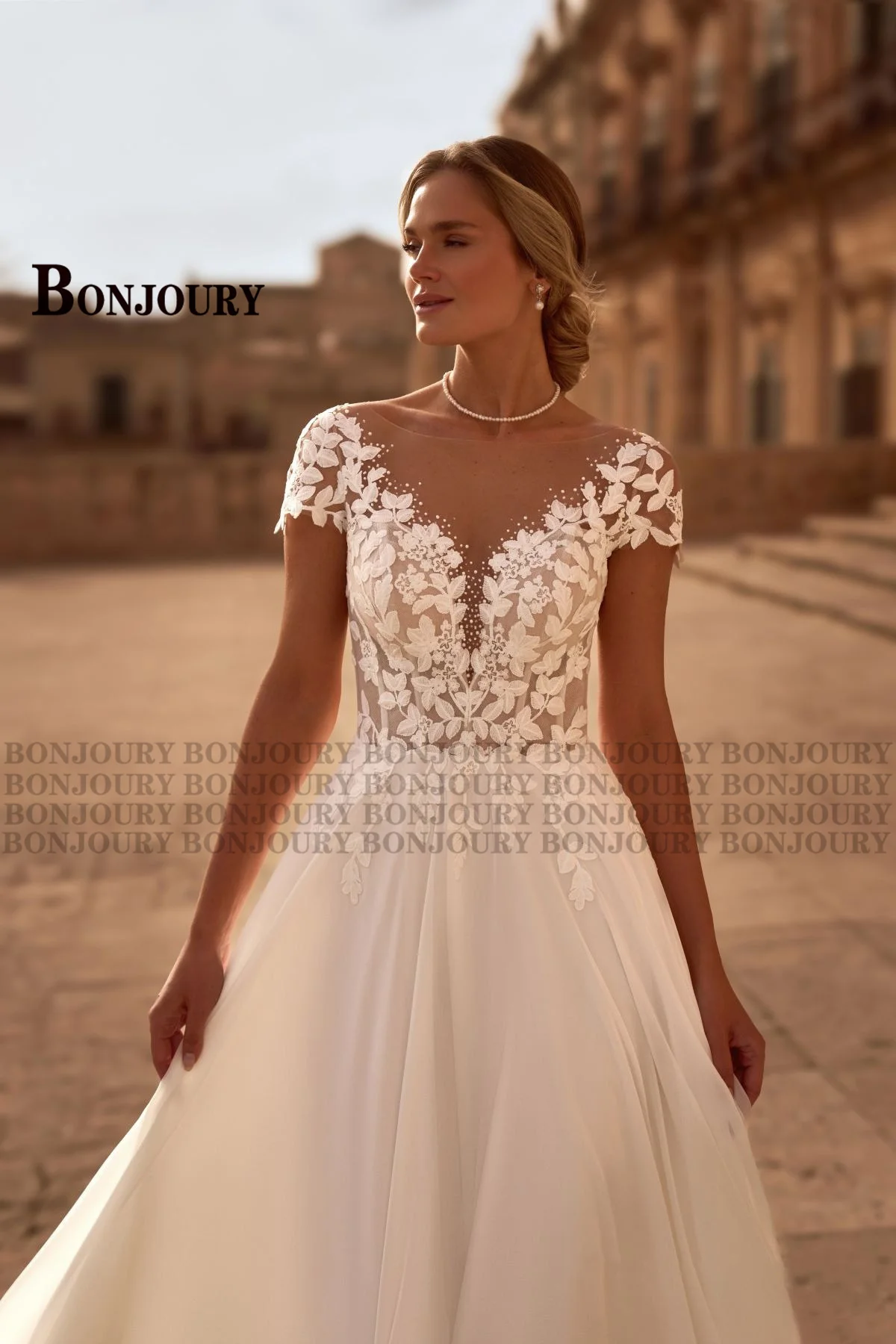 BONJOURY Graceful Wedding Dresses for Women with O-neck A-line Appliques Cap Sleeves Vestidos De Novia Brautmode Customized