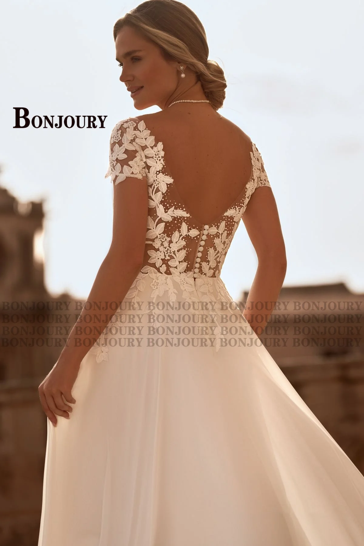 BONJOURY Graceful Wedding Dresses for Women with O-neck A-line Appliques Cap Sleeves Vestidos De Novia Brautmode Customized