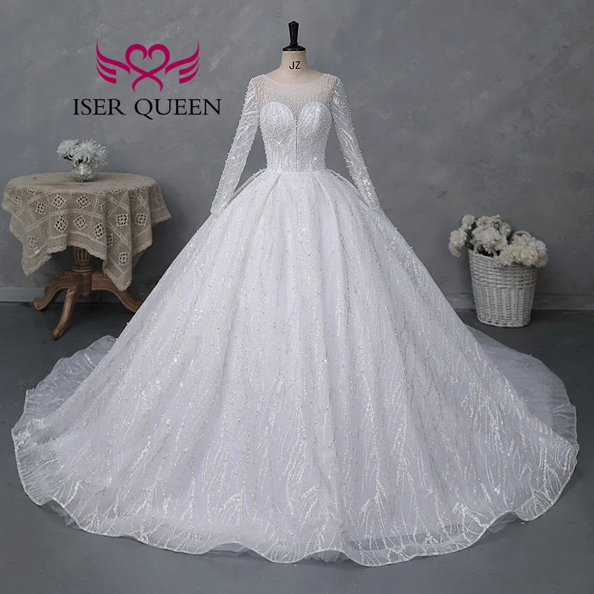 Customized Full Sleeves Africa Style Wedding Dress With Pearls Crystal Heavy Beading Shiny Tulle Plus Size Wedding Gown WX0466