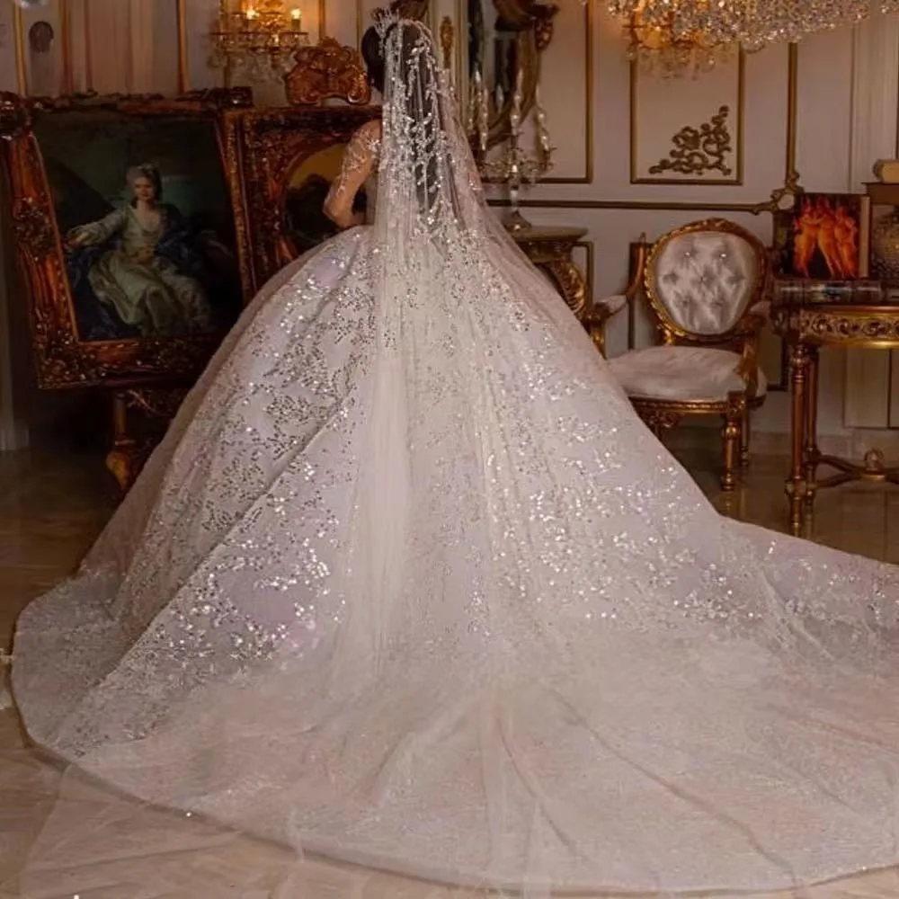 Customized Luxury Royal Glitter Wedding Dress Sweetheart Long Sleeve Robe De Mariee Lace Sequined Ball Gown Bride Dress