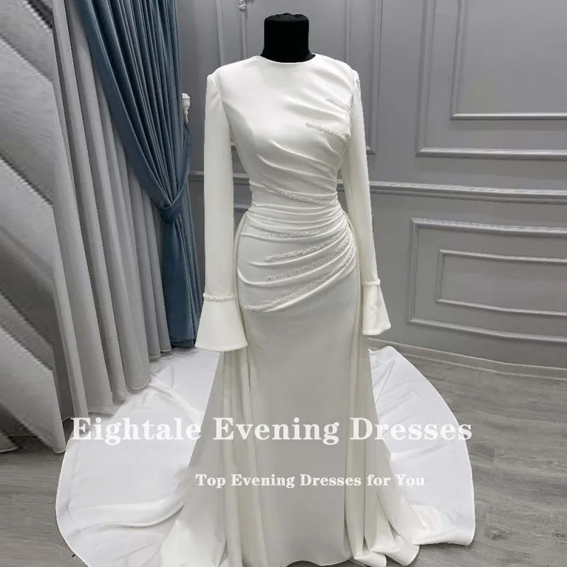Eightale Luxury Wedding Dress O-Neck Satin A-Line Customized White Ivory Beaded Pleats Court Train Bridal Gown Vestido De Noiva