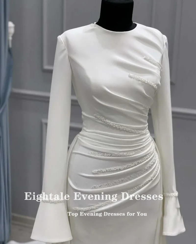 Eightale Luxury Wedding Dress O-Neck Satin A-Line Customized White Ivory Beaded Pleats Court Train Bridal Gown Vestido De Noiva