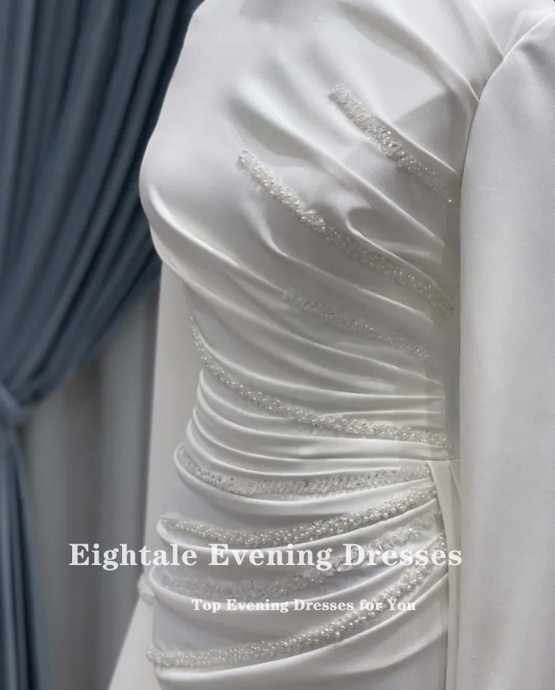 Eightale Luxury Wedding Dress O-Neck Satin A-Line Customized White Ivory Beaded Pleats Court Train Bridal Gown Vestido De Noiva