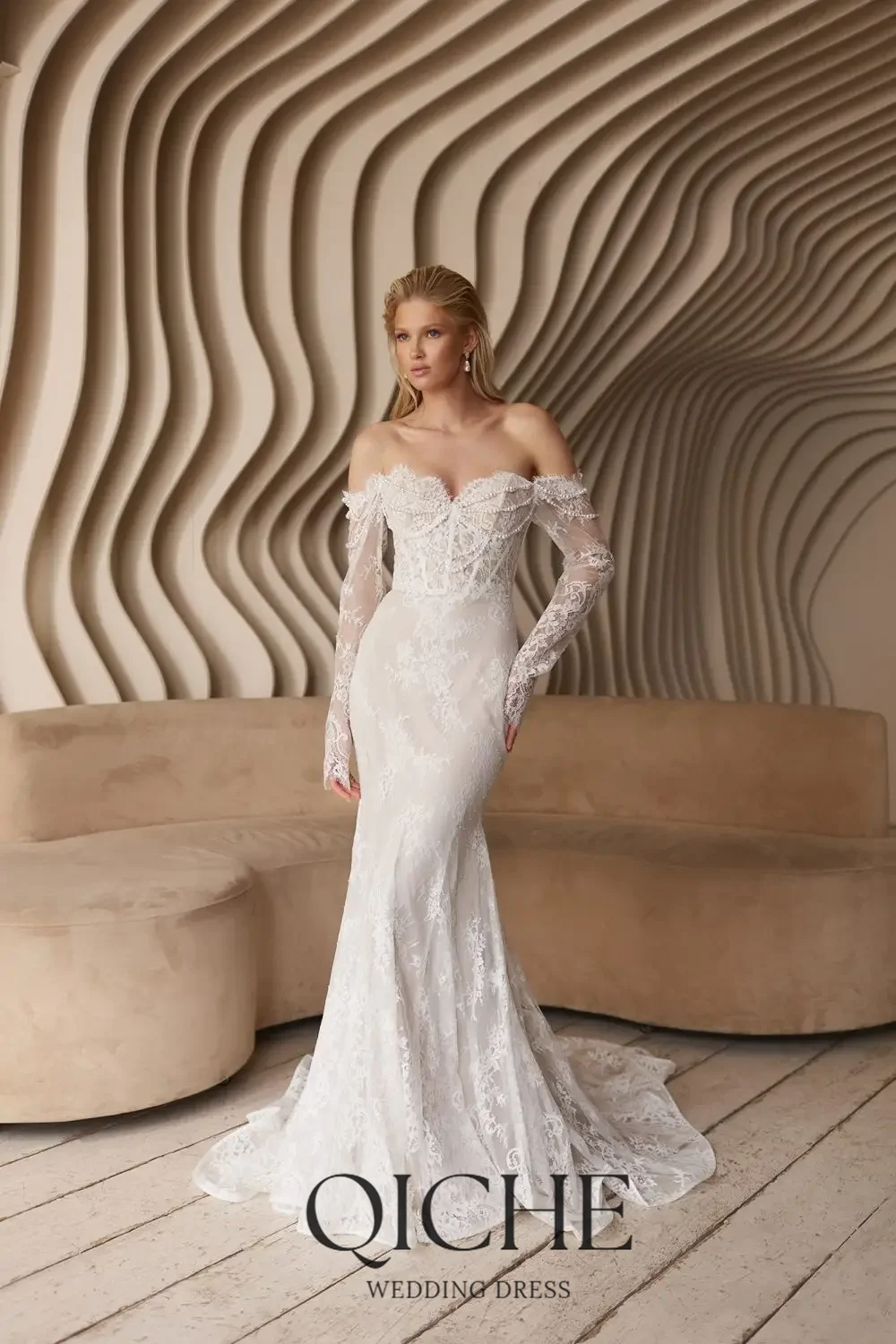 QICHE Luxury Lace Mermaid Women Wedding Dresses with Pearls 2026 Sweetheart Long Sleeves Bridal Gown Customized Brides Dresses