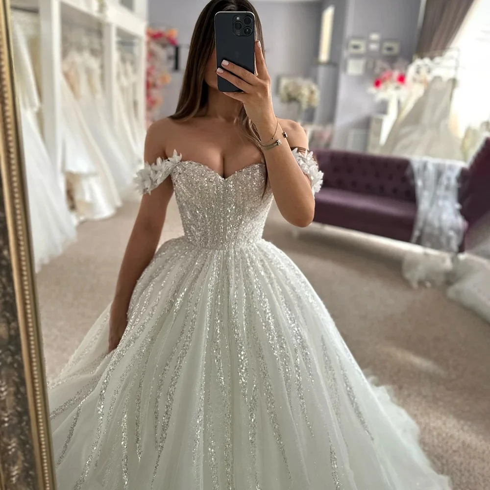 Customized Glitter Lace Wedding Dress A-Line Shiny Off Shoulder Sweetheart Bridal Gown Princess Sparkly Bride Gown for Women