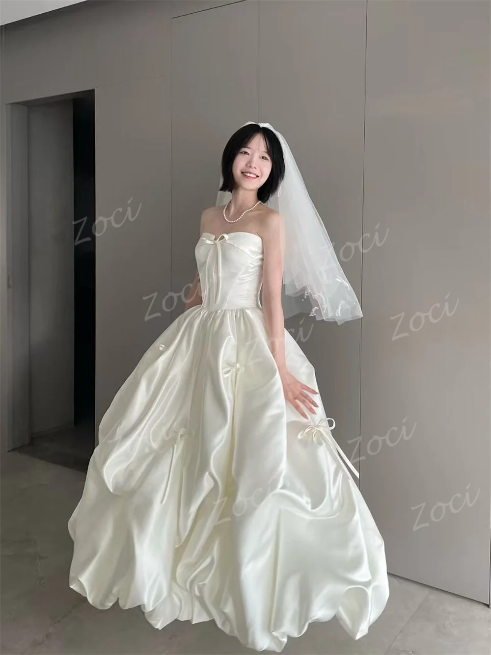 Zoci Customized Sweetheart Korea Wedding Dresses Photos Shoot Satin Ribbons Women Party Evening Dress Corset A Line Wedding Gown