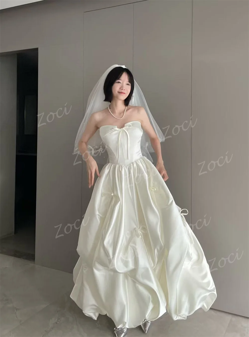 Zoci Customized Sweetheart Korea Wedding Dresses Photos Shoot Satin Ribbons Women Party Evening Dress Corset A Line Wedding Gown