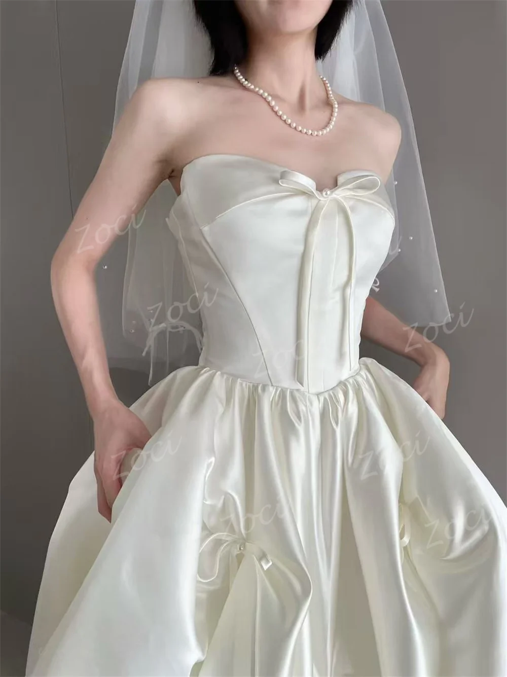 Zoci Customized Sweetheart Korea Wedding Dresses Photos Shoot Satin Ribbons Women Party Evening Dress Corset A Line Wedding Gown