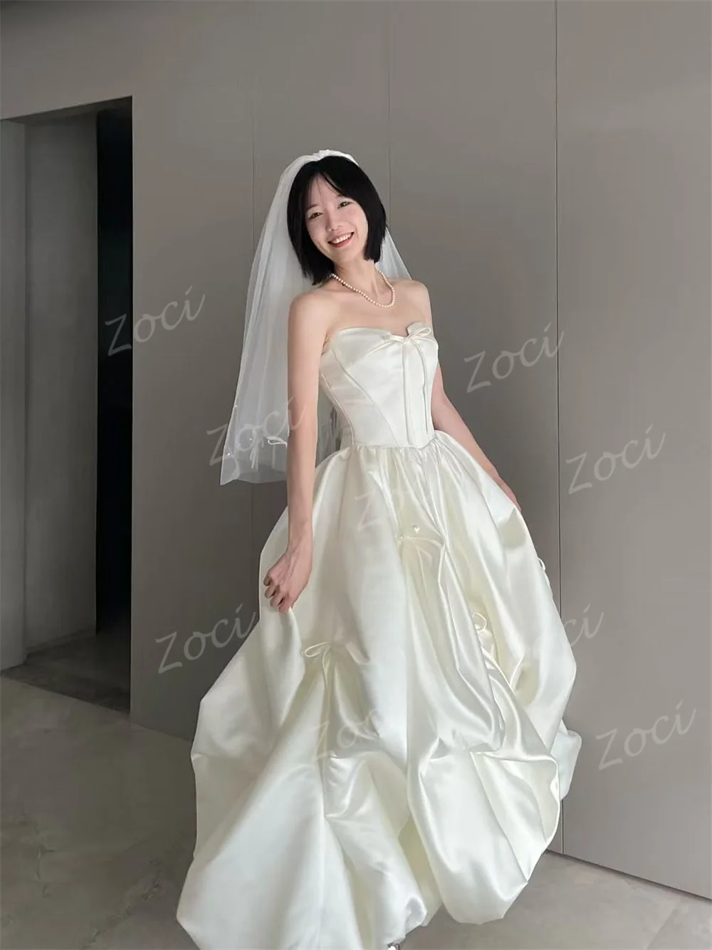 Zoci Customized Sweetheart Korea Wedding Dresses Photos Shoot Satin Ribbons Women Party Evening Dress Corset A Line Wedding Gown