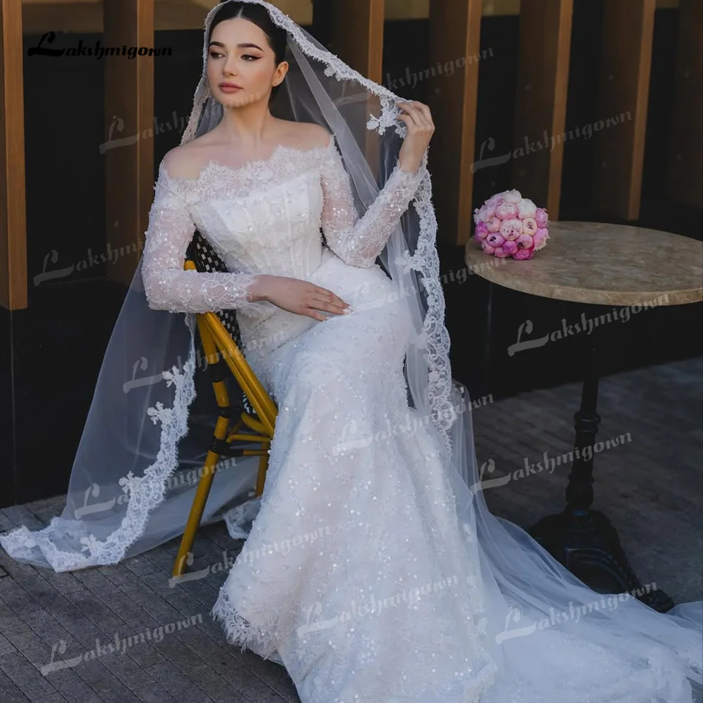 Romantic Off The Shoulder Mermaid Wedding Dress Long Sleeves Lace Applique Beaded Corset Bodice Vestidos De Novia 2026 Customize