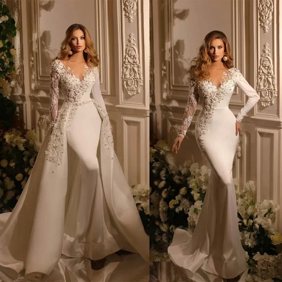 Customized Sexy Mermaid Wedding Dresses Lace Appliques Full Sleeves Sweetheart Detachable Train Bridal Gowns Vestidos De Novia