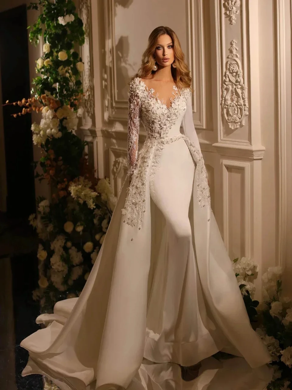 Customized Sexy Mermaid Wedding Dresses Lace Appliques Full Sleeves Sweetheart Detachable Train Bridal Gowns Vestidos De Novia