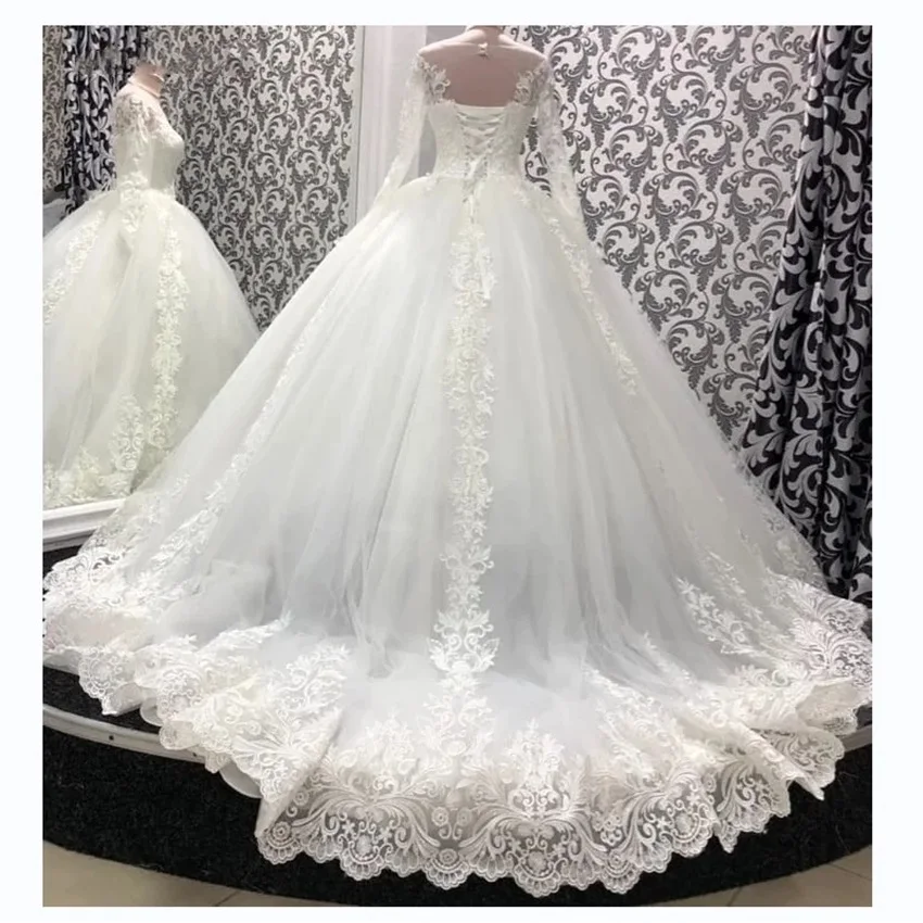 Customized Gorgeous Lace Appliques vestidos de novia Bride Dress Long Sleeve Back Strap Ball Gown Wedding Dress robe de mariée