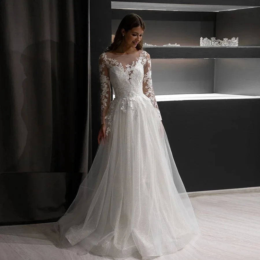 Customized New Women Wedding Dresses Long Sleeves Tulle Appliques Bridal Gowns Formal Occasion Vestido De Noiva robe de mariée