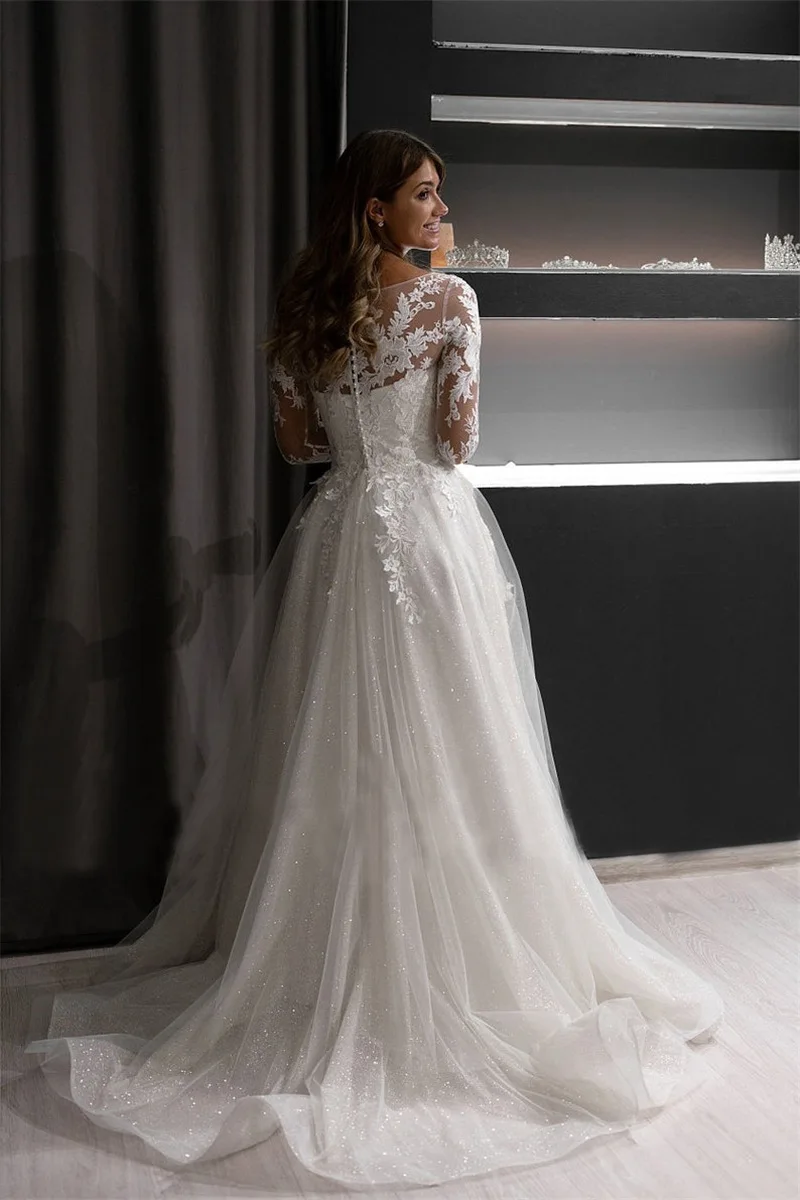 Customized New Women Wedding Dresses Long Sleeves Tulle Appliques Bridal Gowns Formal Occasion Vestido De Noiva robe de mariée