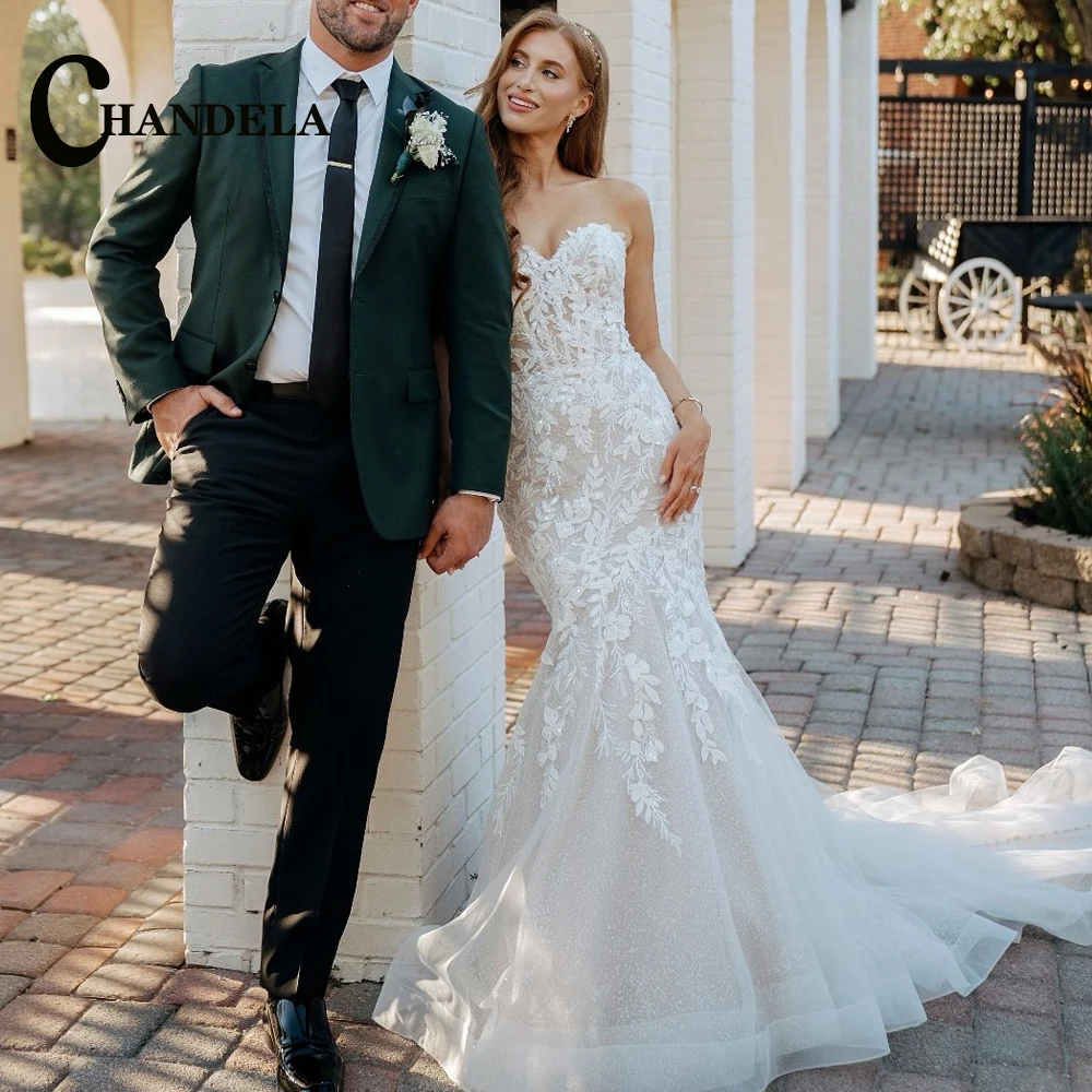CHANDELA Charming Strapless Wedding Dress Woman Bride Bling Tulle Appliques Zipper Sweep Train Robe De Soiree Customised