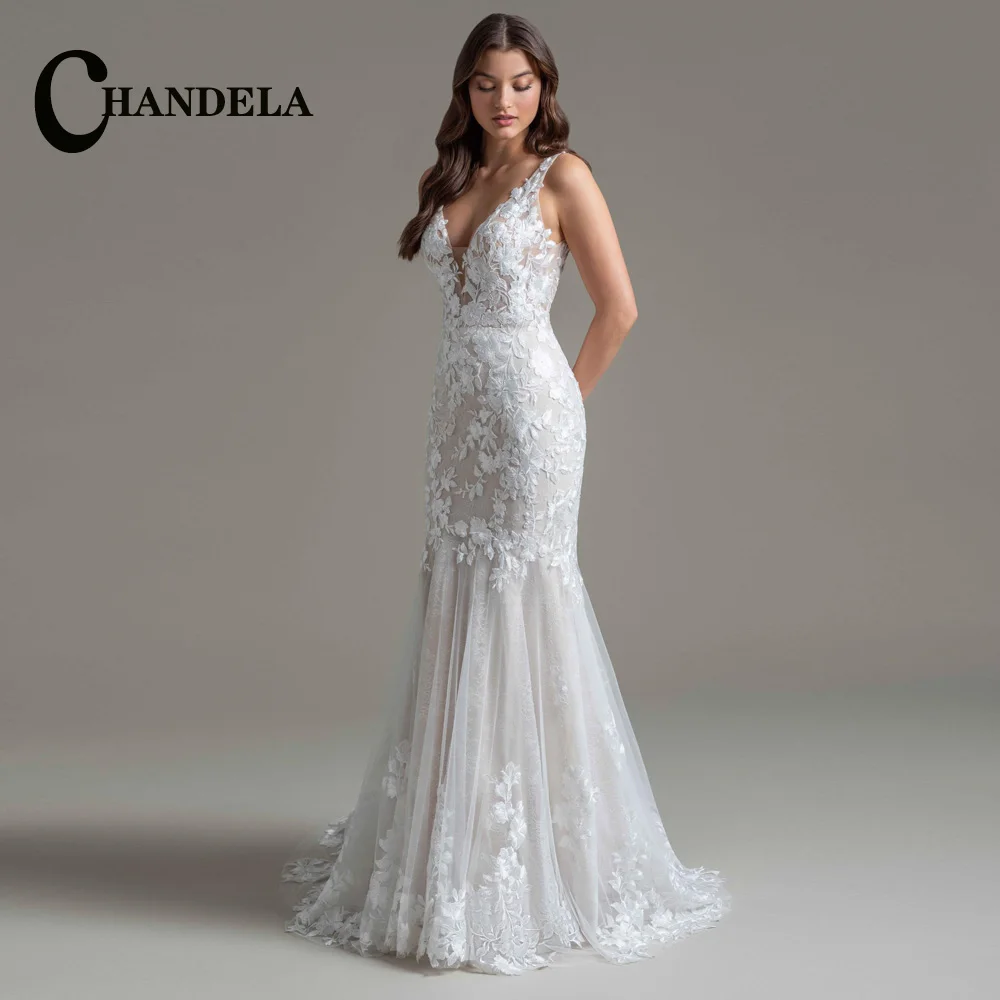 CHANDELA Charming Strapless Wedding Dress Woman Bride Bling Tulle Appliques Zipper Sweep Train Robe De Soiree Customised