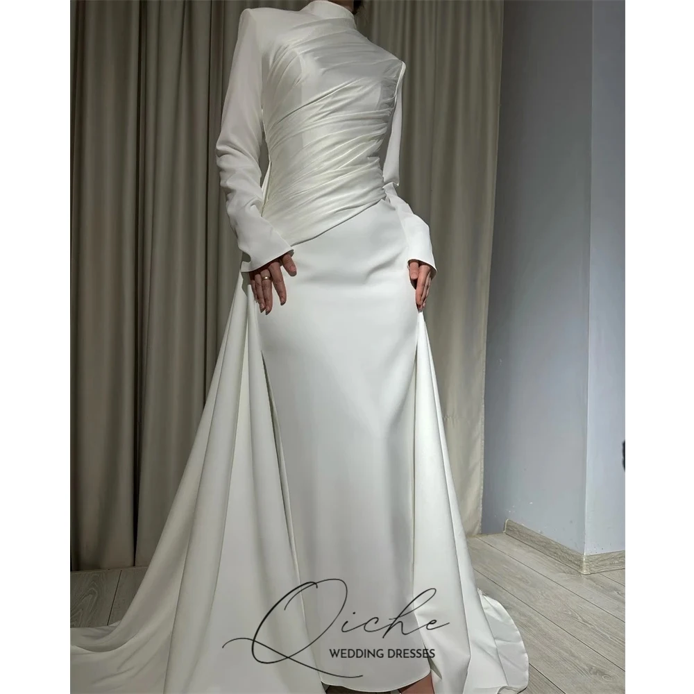 QICHE Muslim Wedding Dresses Long Sleeve High Neck Bride Party Dress Customized Saudi Arabic Bridal Modest Prom Gowns