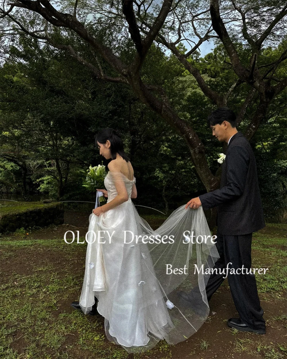 OLOEY 2025 New Ivory Wedding Dress Korea Photoshoot Off Shoulder Tulle Bridal Gown 3d Flowers Customized Plus Size Floor Length