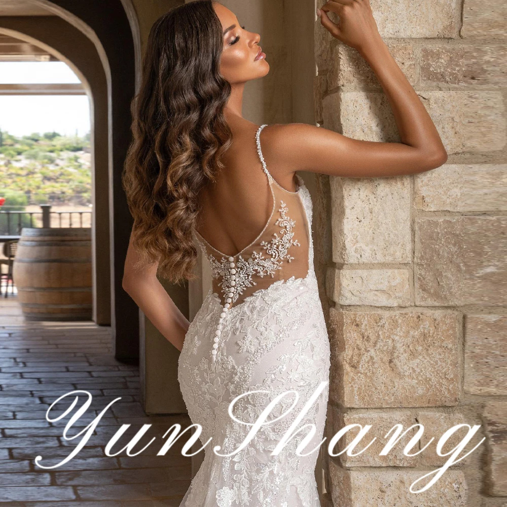 YunShang Customized Spaghetti Strap Mermaid Wedding Dress with Lace Embroidery and Illusion Back and Chapel Train for Graceful