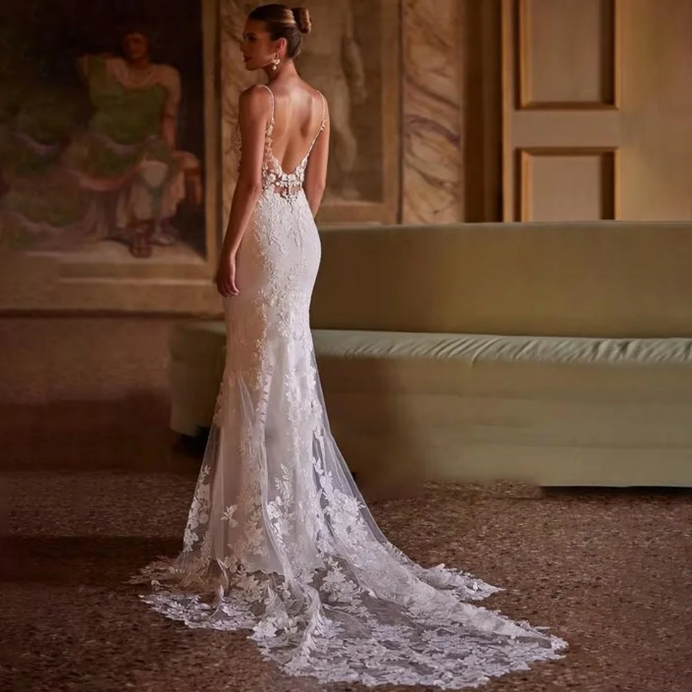 Enternity Fashionable V-neck Wedding Gown For Bride Spaghetti Strap Court Train Lace Applique Vestido De Novia Customized