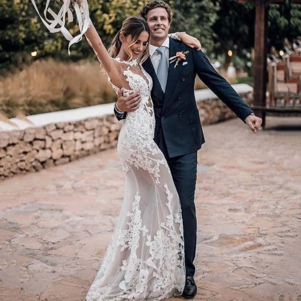 Boho Sexy Customized Mermaid Wedding Dress Lace Bride Gowns Appliques Long Sleeves Button Luxury Dresses Vestidos De Novia