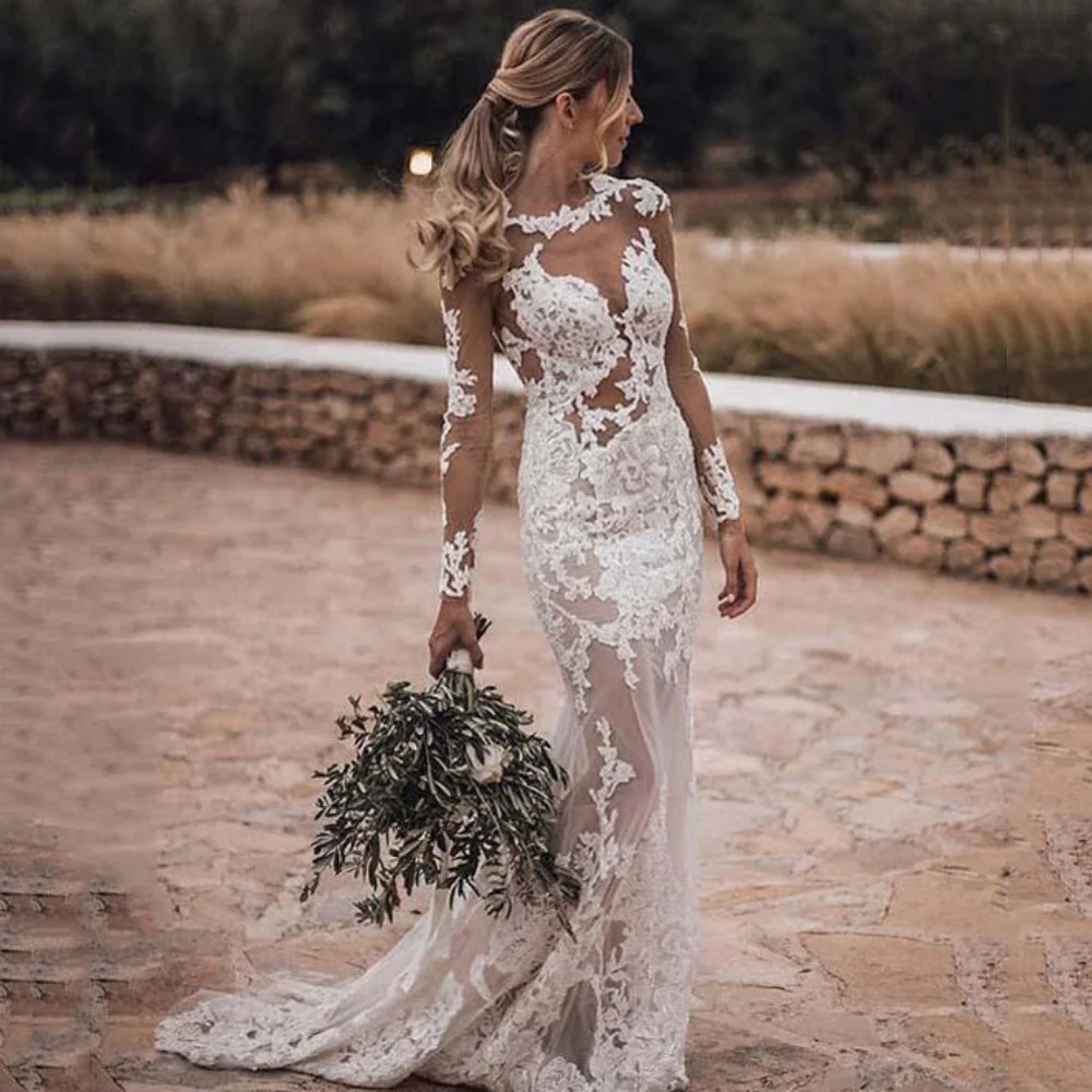 Boho Sexy Customized Mermaid Wedding Dress Lace Bride Gowns Appliques Long Sleeves Button Luxury Dresses Vestidos De Novia