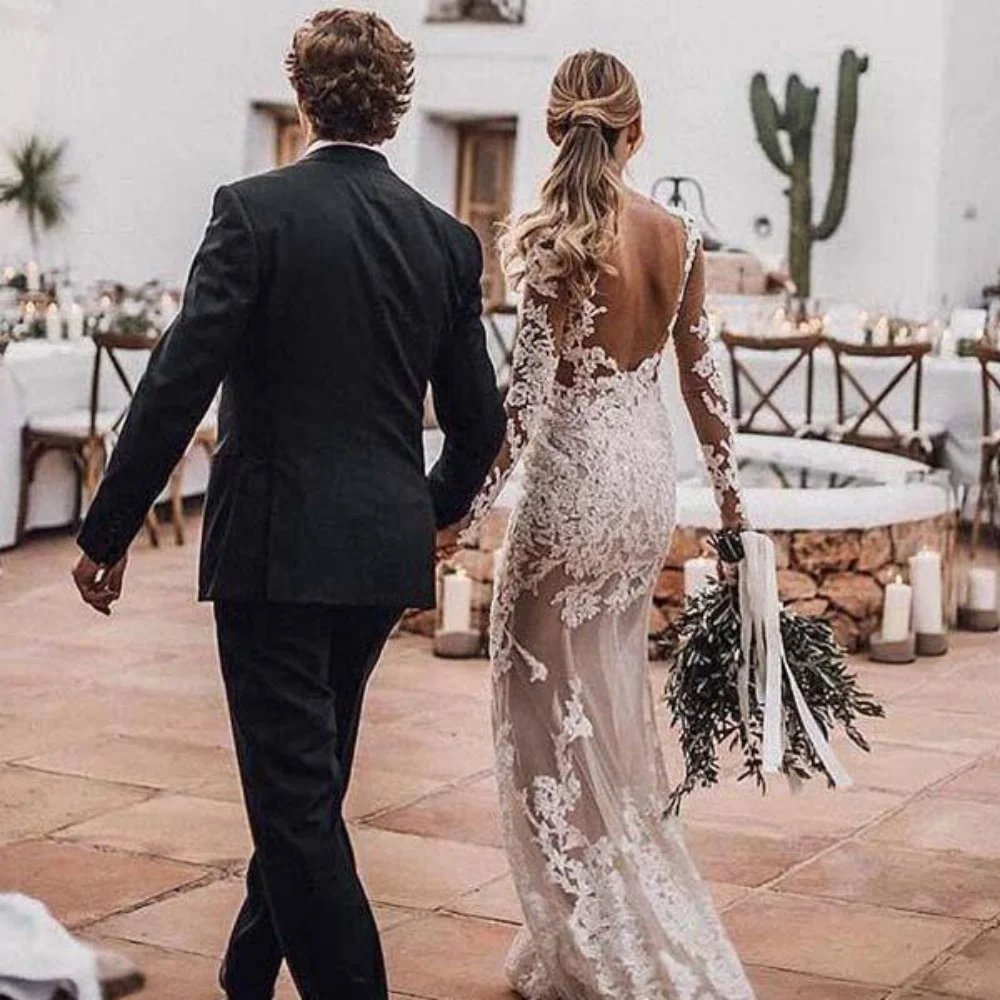 Boho Sexy Customized Mermaid Wedding Dress Lace Bride Gowns Appliques Long Sleeves Button Luxury Dresses Vestidos De Novia