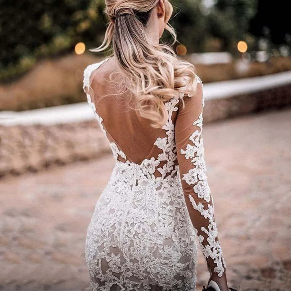 Boho Sexy Customized Mermaid Wedding Dress Lace Bride Gowns Appliques Long Sleeves Button Luxury Dresses Vestidos De Novia