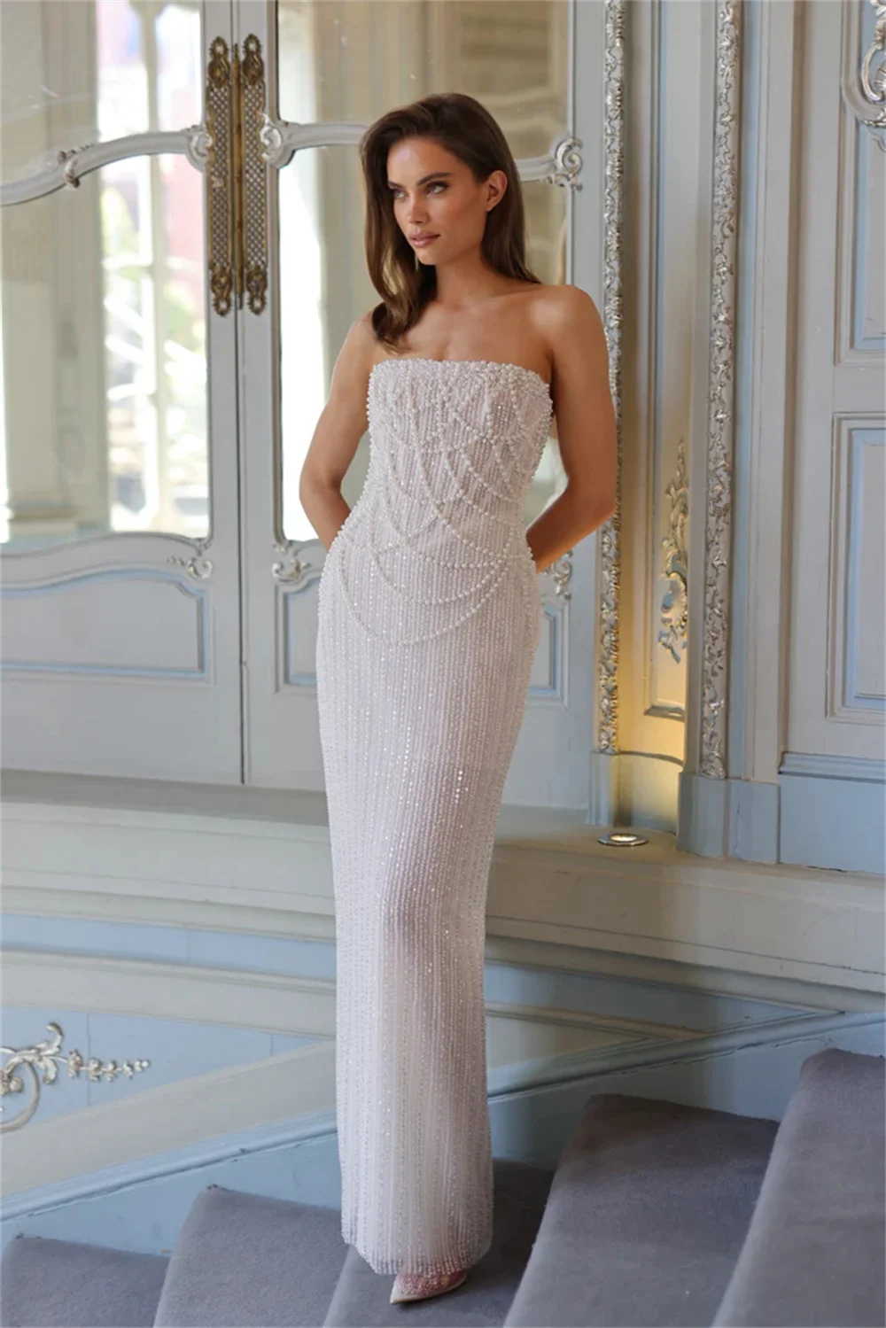 Kyoto White Pearls Mermaid Wedding Dresses Lace-Up Off Shoulder Customized جديد في الفساتين Sweep Train wedding dress 2025