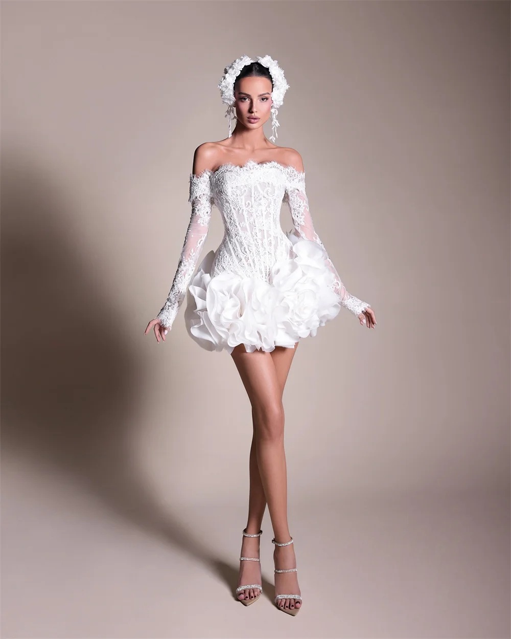 Customize Mini Lace Appliques 3D Flowers Wedding Dress White Off Shoulder Long Sleeves vestidos de novia Ball Gown After Party