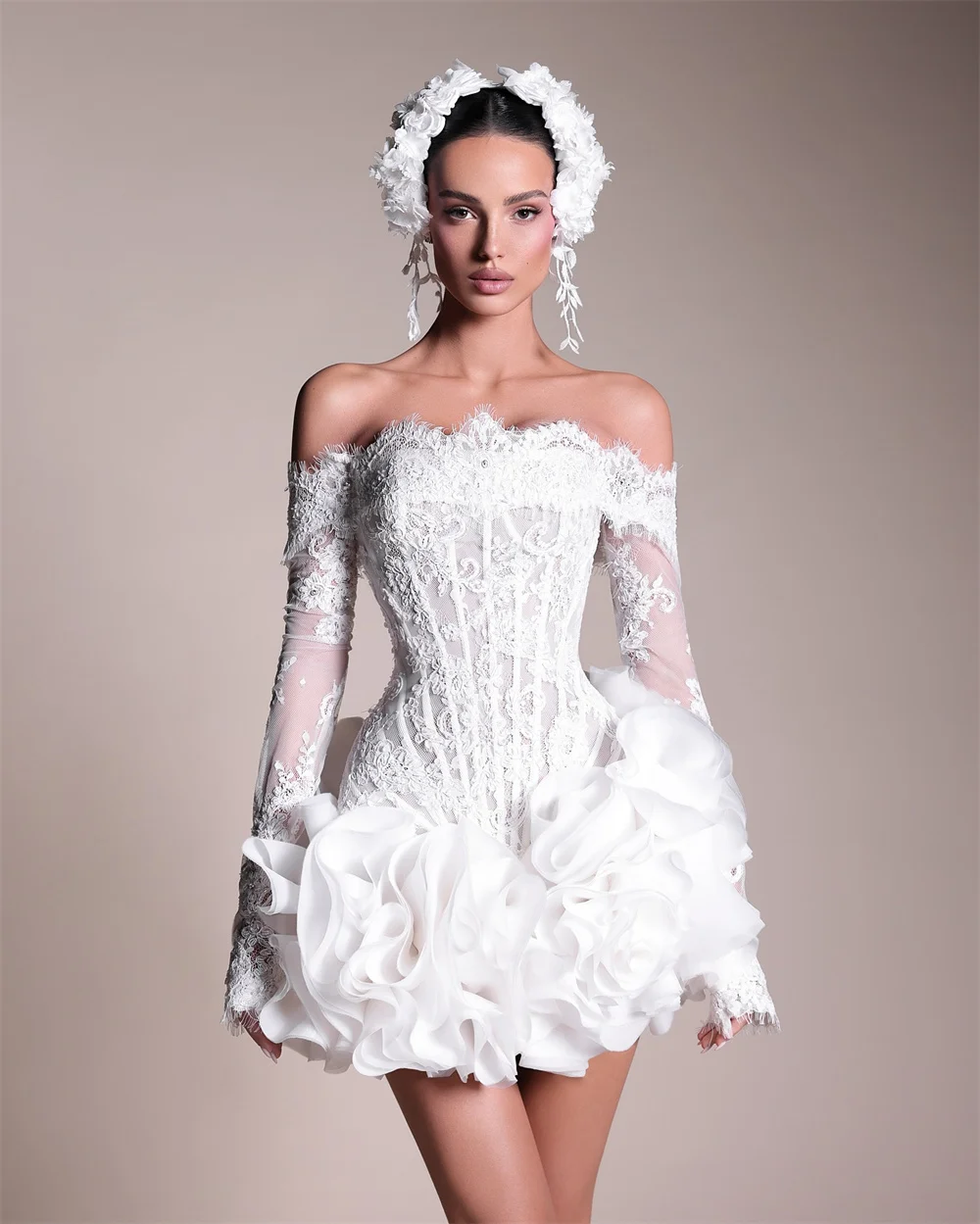 Customize Mini Lace Appliques 3D Flowers Wedding Dress White Off Shoulder Long Sleeves vestidos de novia Ball Gown After Party