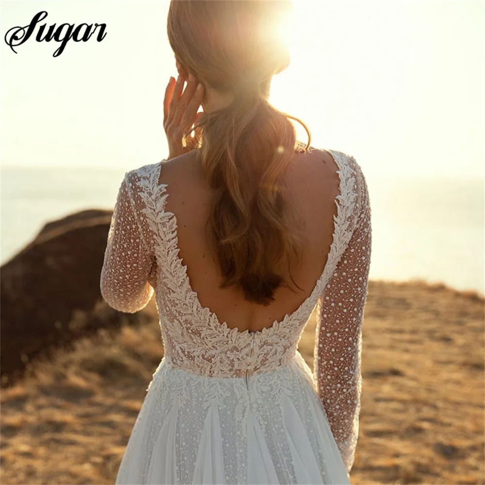 A Line Chiffon Wedding Dress Long Sleeves Sexy V Neck lace Bride Dress Boho Wedding Gown PluS Size Simple Wedding Dress