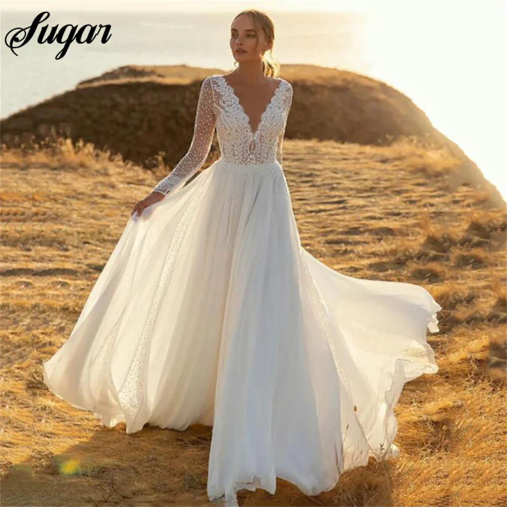 A Line Chiffon Wedding Dress Long Sleeves Sexy V Neck lace Bride Dress Boho Wedding Gown PluS Size Simple Wedding Dress