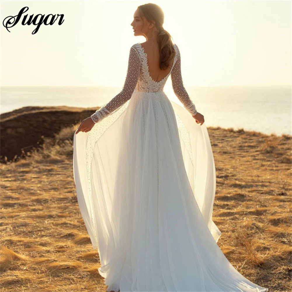 A Line Chiffon Wedding Dress Long Sleeves Sexy V Neck lace Bride Dress Boho Wedding Gown PluS Size Simple Wedding Dress