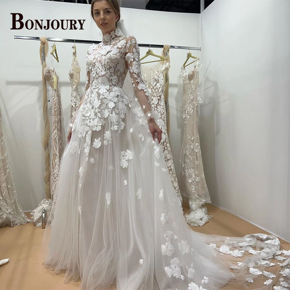 BONJOURY Classic A-line Wedding Dresses for Mariages Backless Spaghetti Straps V-neck Appliques Suknia Slubna Customized