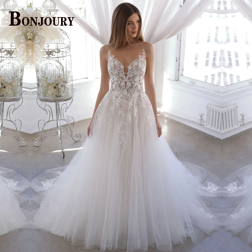 BONJOURY Classic A-line Wedding Dresses for Mariages Backless Spaghetti Straps V-neck Appliques Suknia Slubna Customized