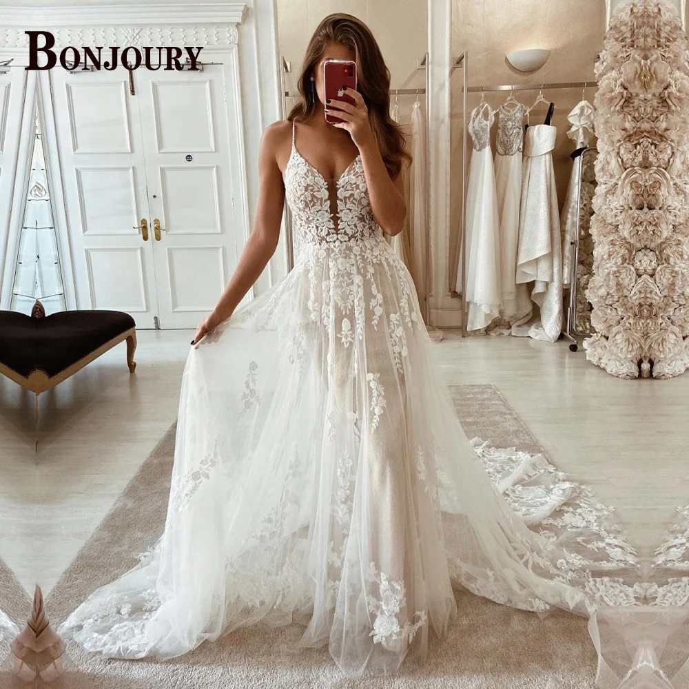 BONJOURY Classic A-line Wedding Dresses for Mariages Backless Spaghetti Straps V-neck Appliques Suknia Slubna Customized