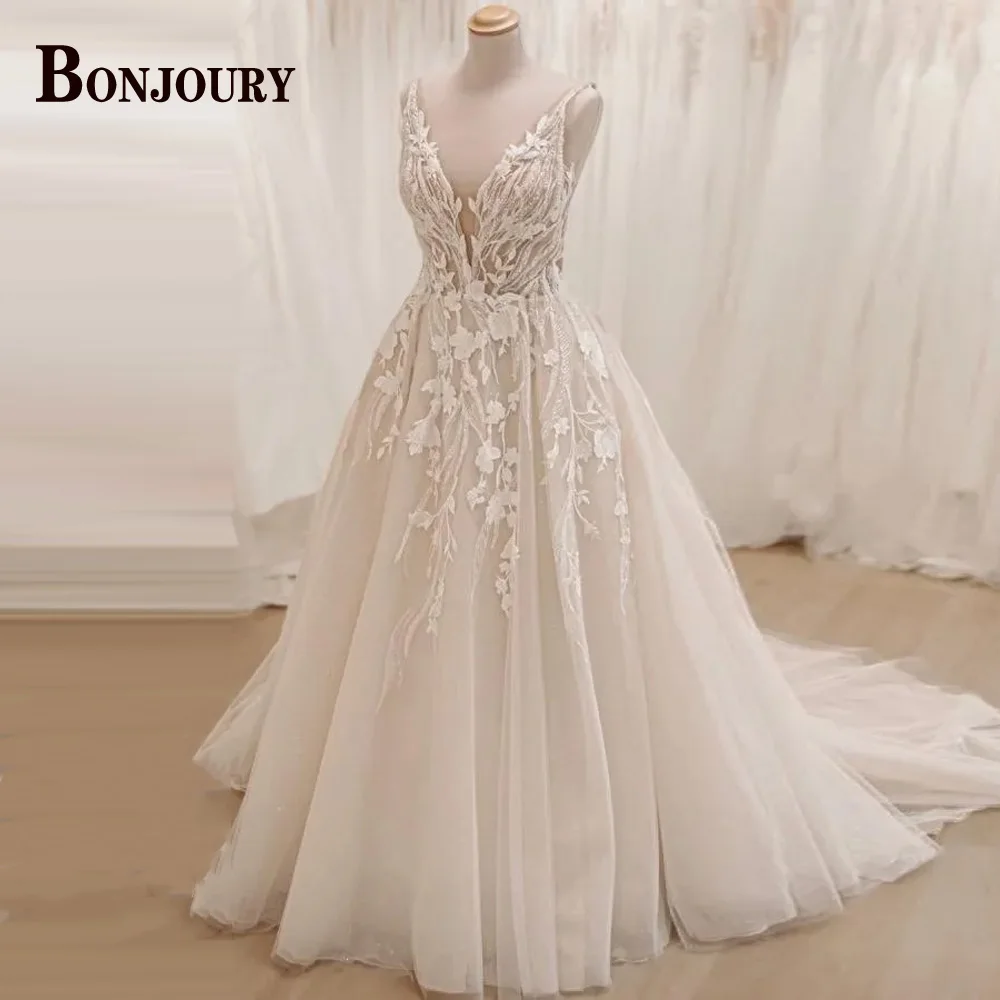 BONJOURY Classic A-line Wedding Dresses for Mariages Backless Spaghetti Straps V-neck Appliques Suknia Slubna Customized