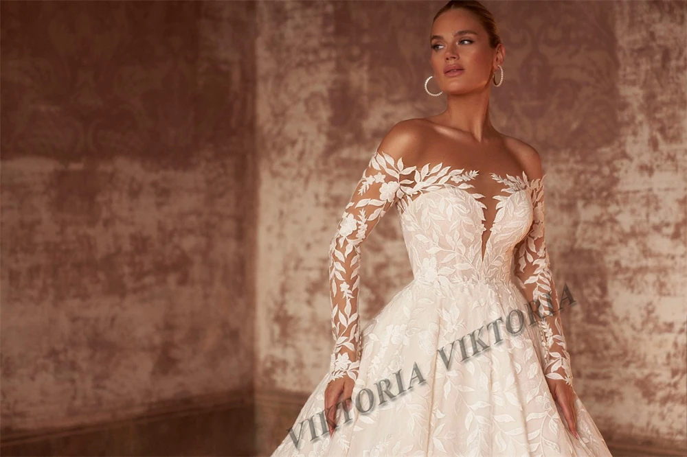 VIKTORIA Vintage Lace Wedding Dresses For Women Bride Boat Neck Pleat Tulle A-LINE Appliques Vestido De Novia Customized