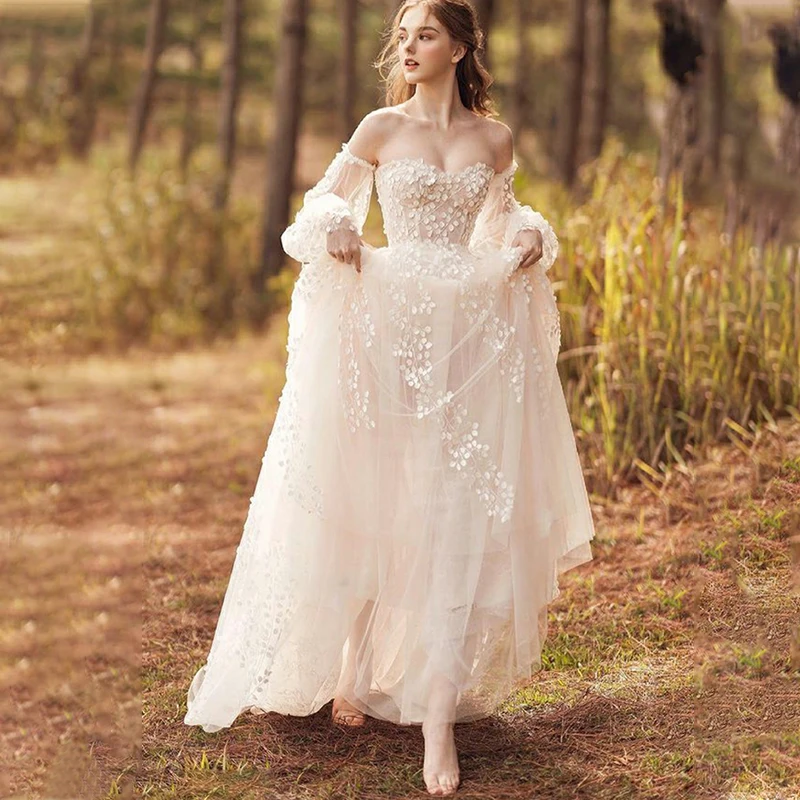 VIKTORIA Vintage Lace Wedding Dresses For Women Bride Boat Neck Pleat Tulle A-LINE Appliques Vestido De Novia Customized