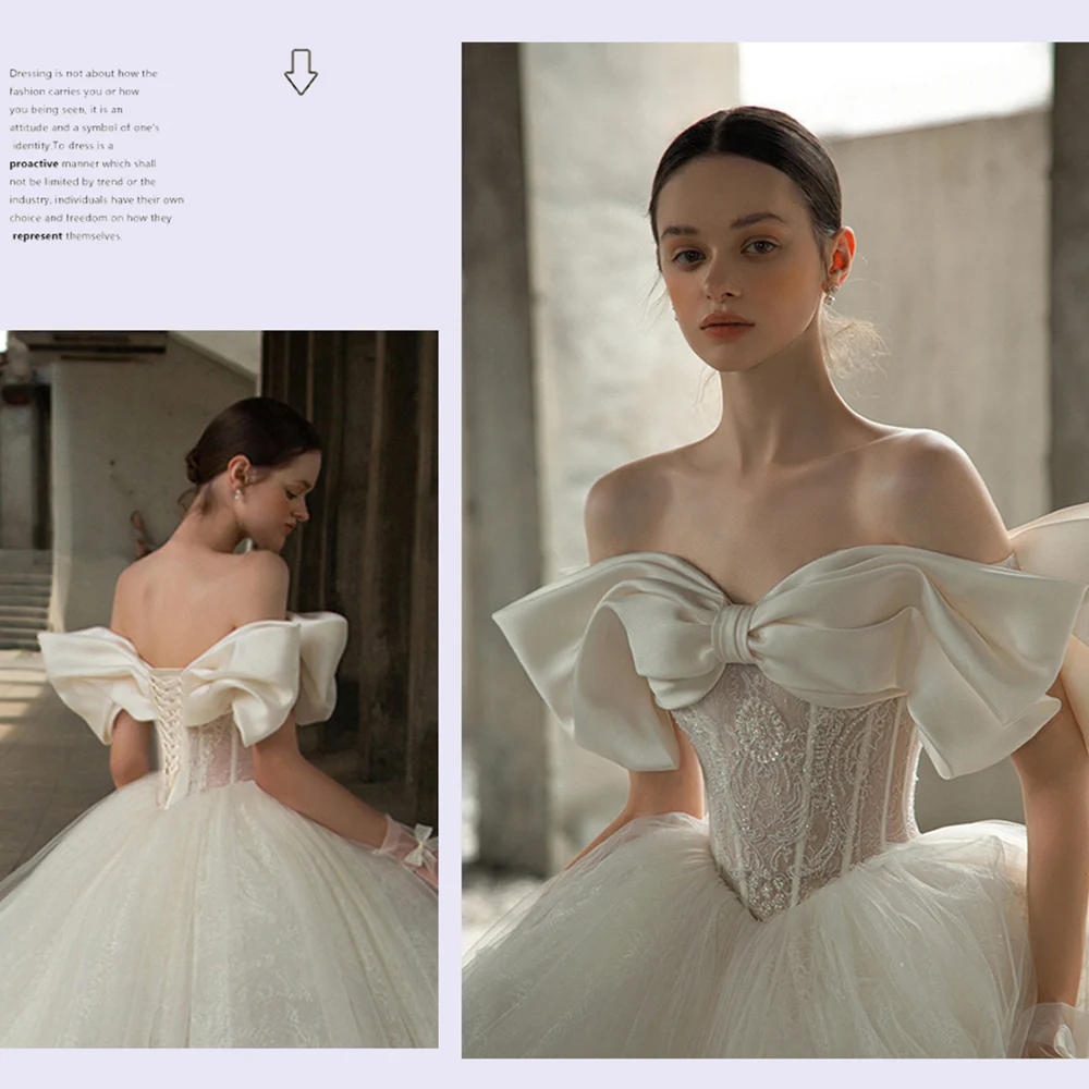 Off The Shoulder Sweetheart Neck Shiny Beading Pearls Bow Tulle Lace Bow Ball Gown Wedding Dresses With 100cm Chapel Train