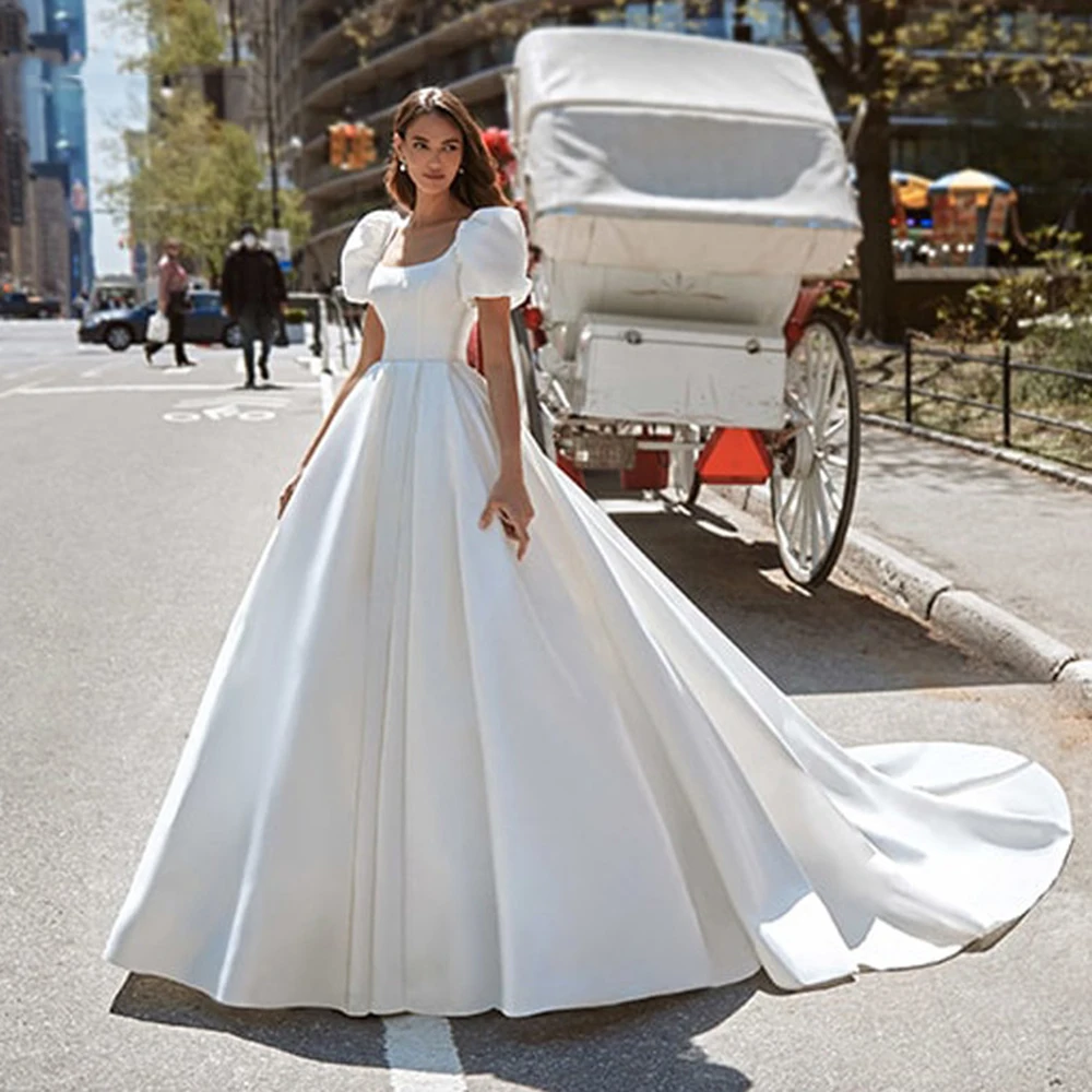 SoDigne Boho Satin A-Line Wedding Dress 2022 Elegant Short Puff Sleeves Square Neck Women Princess Bridal Gown Customized