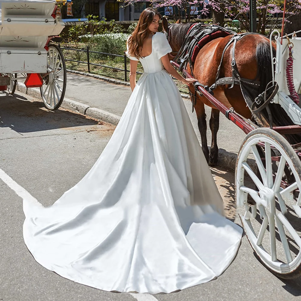 SoDigne Boho Satin A-Line Wedding Dress 2022 Elegant Short Puff Sleeves Square Neck Women Princess Bridal Gown Customized