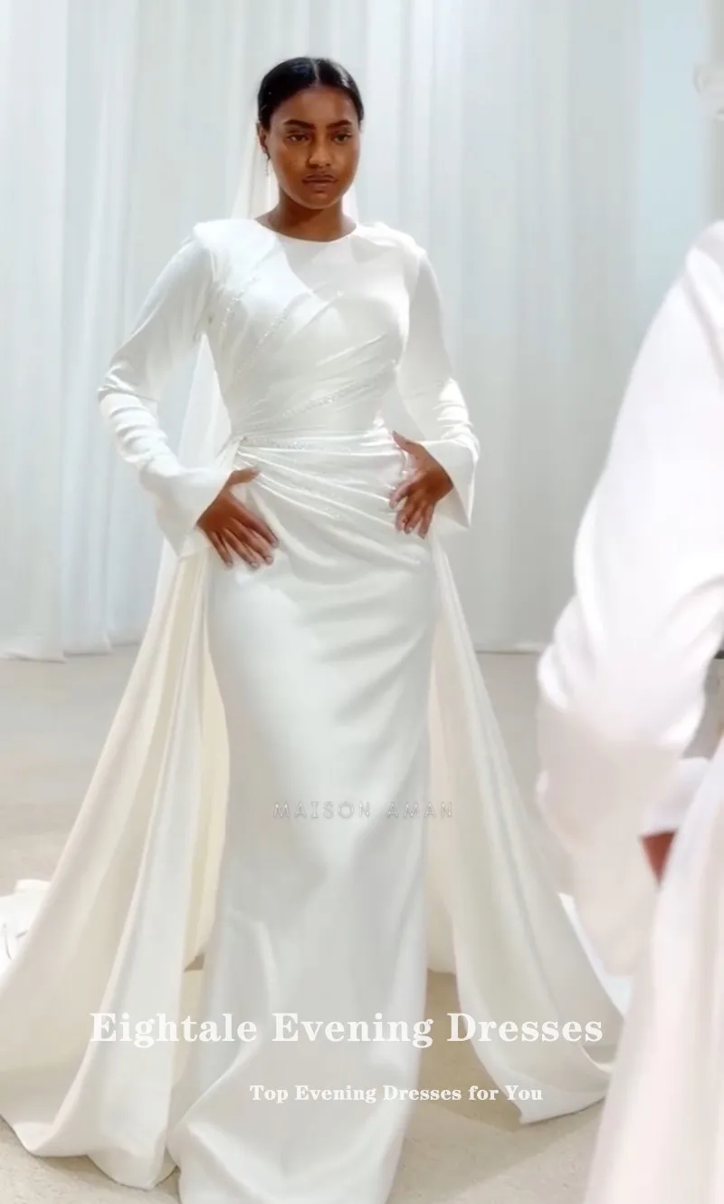 Eightale Arabic Wedding Dress Beaded Pearls O-Neck Customized Satin White Ivory Long Sleeves Muslim Bridal Gown Robe De Mariée