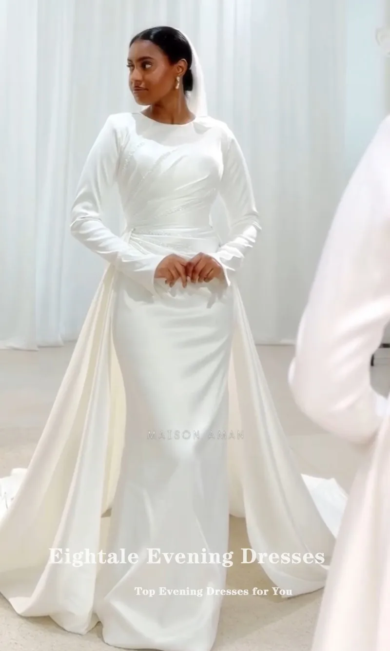 Eightale Arabic Wedding Dress Beaded Pearls O-Neck Customized Satin White Ivory Long Sleeves Muslim Bridal Gown Robe De Mariée