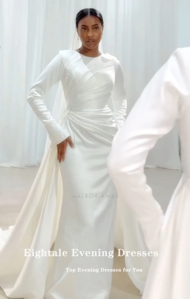 Eightale Arabic Wedding Dress Beaded Pearls O-Neck Customized Satin White Ivory Long Sleeves Muslim Bridal Gown Robe De Mariée