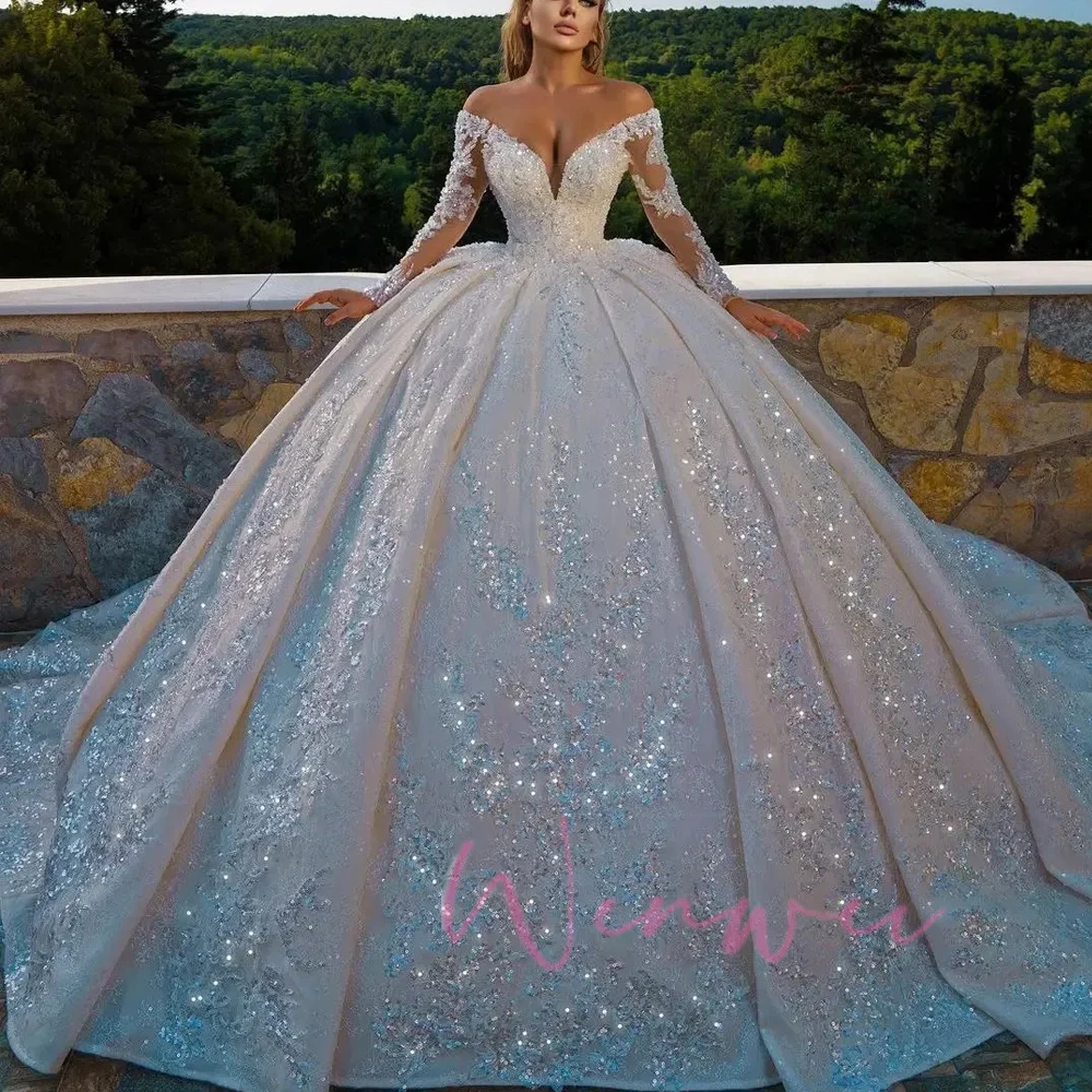 V-Neck Wedding Dresses Princess Off The Shoulder Long Sleeve Shiny Applique Ball Gown Vestidos De Novia Shimmering Customized