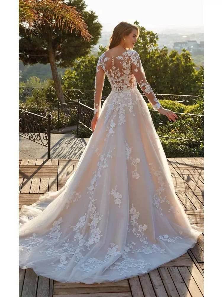 Elegant Sheer O-neck Wedding Dresses for Bride Lace Long Sleeves Appliques A Line Bridal Gowns Bohemian Vestido De Noiva